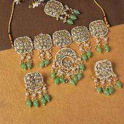 SOHI Gold-Plated Green Kundan Bridal Jewellery Set-image-49