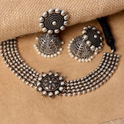 Fida Oxidised Silver-Plated Necklace & Earrings Jewellery Set-image-37