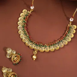 Yellow Chimes Gold-Plated Coin Design Stone Studded & Beaded Jewellery Set-51