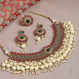 OOMPH Gold-Toned Red & Greeb Kundan Beads Studded Choker Jewellery Set-46