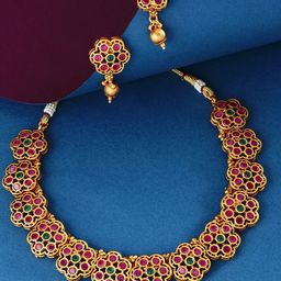 aadita Gold Toned & Pink Studded Antique Gold Choker Jewellery Set-5