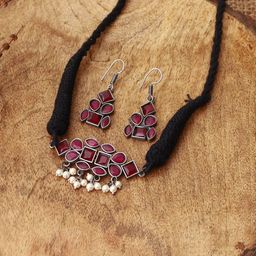VENI Oxidized Silver-Plated Red Stone-Studded Choker Jewellery Set-image-102