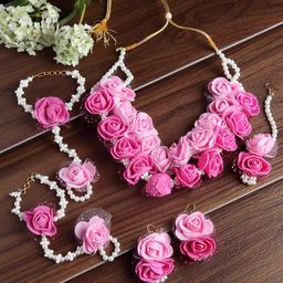 ZENEME Women Gold-Plated Gold-Toned Pink Floral Beaded Jewellery Set-18