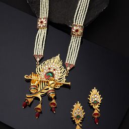 Yellow Chimes White Pearls-Studded & Beaded Gold-Plated Krishna Charm Jewellery Set-image-64