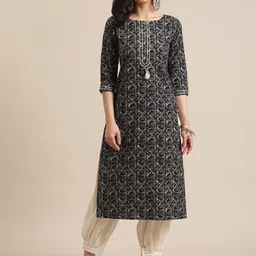 Varanga Women Black & Beige Ethnic Motifs Printed Thread Work Kurta-image-77