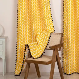 HOMEMONDE Yellow & White 2 Pieces Geometric Cotton Room Darkening Window Curtains-image-24