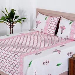 HANDICRAFT PALACE White & Pink Print 350GSM Cotton Double King Bed Cover & 2 Pillow Covers-image-68