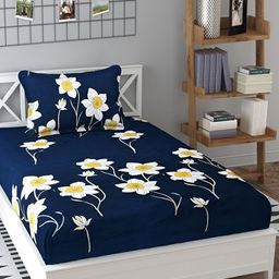 DECOR VATIKA Blue Floral 144 TC Single Fitted Bedsheet with Pillow Cover-image-123