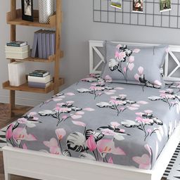 DECOR VATIKA Grey Floral 144 TC Single Fitted Bedsheet with Pillow Cover-image-65