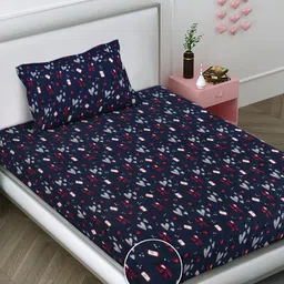 FABINALIV Navy Blue & Red 300 TC Single Bedsheet with 1 Pillow Covers-11