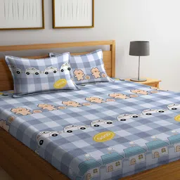 KLOTTHE Blue & Beige Geometric Printed 300 TC Fitted King Bedsheet & 2 Pillow Covers-31