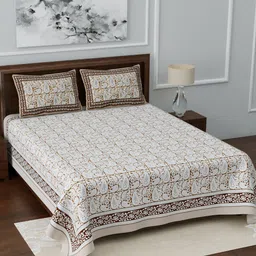 LIVING ROOTS White & Brown Printed 210 TC  King Bedsheet With 2 Pillow Covers-image-3