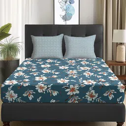 Story@home Teal Blue & Grey Floral 180 TC Queen Bedsheet With 2 Pillow Covers-image-71