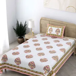 CURIOUS LIFESTYLE Sea Green Floral 300 TC Cotton Flat Single Bedsheet & 1 Pillow Cover-49