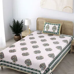 CURIOUS LIFESTYLE Peach & White Floral 300 TC Cotton Flat Single Bedsheet & 1 Pillow Cover-image-56