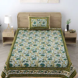 CURIOUS LIFESTYLE Blue & Yellow Floral 300 TC Cotton Single Bedsheet & 1 Pillow Cover-image-86