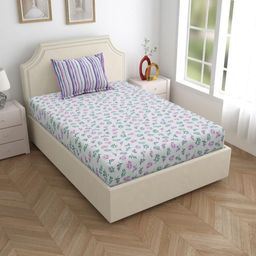 Salona Bichona Purple & White Floral 120 TC Single Bedsheet with 1 Pillow Covers-image-94