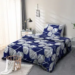 Cortina Navy Blue & White Floral 110 TC Single Bedsheet with 1 Pillow Cover-image-93