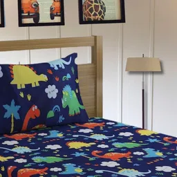 Bajo's Navy Blue & Yellow Graphic 210 TC Single Bedsheet With 1 Pillow Covers-image-11