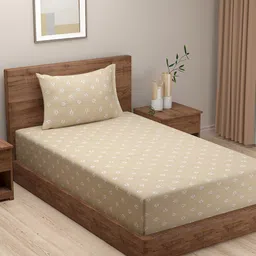 SWAYAM Beige & White Ethnic Motifs 240 TC Single Bedsheet with 1 Pillow Cover-25