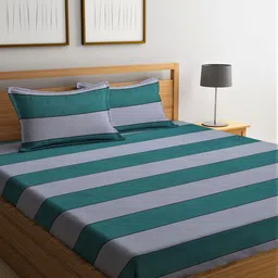 Home Sizzler Green & Grey 144 TC Queen Striped Bedsheet with 2 Pillow Covers-image-99