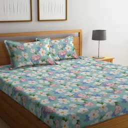 Arrabi Blue & White Floral 300 TC King Bedsheet with 2 Pillow Covers-image-89