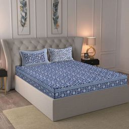 Rajasthan Decor Blue & White Floral 180 TC King Bedsheet with 2 Pillow Covers-image-85
