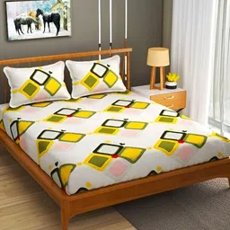 Innovative Edge Cream Geometric Cotton 160 TC Fitted King Bedsheet with 2 Pillow Covers-image-83