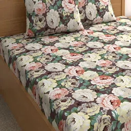 Srijee Decors Brown & Green Floral 210 TC Fitted King Bedsheet With 2 Pillow Covers-image-52