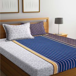 KLOTTHE Blue & Off White Geometric 210 TC King Bedsheet with 2 Pillow Covers-image-66