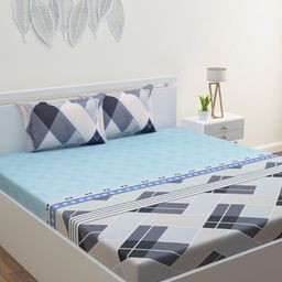 HOME AFFAIRS Grey & Blue Geometric Cotton 210 TC King Bedsheet With 2 Pillow Covers-image-65