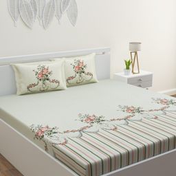 HOME AFFAIRS Green & Orange Floral Pure Cotton 210 TC King Bedsheet With 2 Pillow Covers-image-41