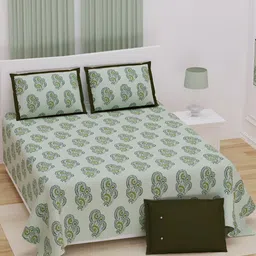 JAIPUR PRIME Green & Off White Ethnic Cotton 210 TC King Bedsheet with 2 Pillow Covers-image-96