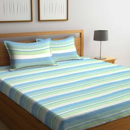 SHADES of LIFE Blue & Green Striped 250 TC King Bedsheet with 2 Pillow Covers-6