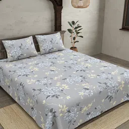 JAIPUR FABRIC Grey & Yellow Floral 250 TC Cotton King Bedsheet with 2 Pillow Covers-image-37