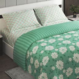 Home Centre Pacific-Scarlet Teal Geometric Microfiber 300TC King Bedsheet & Pillow Covers-30