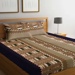 Arrabi Brown & Navy Blue Geometric 300 TC King Bedsheet with 2 Pillow Covers-image-61