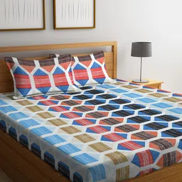 HOSTA HOMES White & Blue Geometric 300 TC King Bedsheet with 2 Pillow Covers-image-23