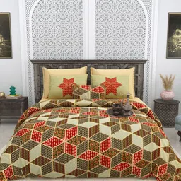 LIVING ROOTS Bagru Gold Green Geometric Pure Cotton 300 TC King Bedsheet Set 2.6 m X 2.6 m-47