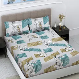 FABINALIV White & Green Printed 300 TC Fitted King Bedsheet with 2 Pillow Covers-image-77