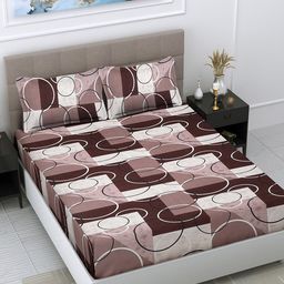 FABINALIV Brown & White Geometric 300 TC Fitted King Bedsheet with 2 Pillow Covers-78