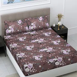 FABINALIV Brown & Lavender Printed 300 TC King Bedsheet with 2 Pillow Covers-80