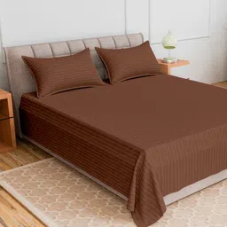 CURIOUS LIFESTYLE Brown Striped 300 TC King Bedsheet with 2 Pillow Covers-image-43