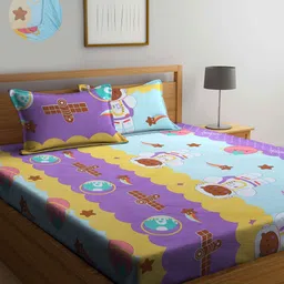 KLOTTHE Yellow & Lavender Graphic 300 TC Fitted Double Bedsheet with 2 Pillow Covers-image-13