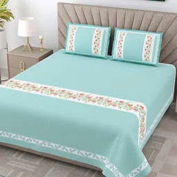JAIPUR FABRIC Green & White Floral Cotton 300 TC King Bedsheet with 2 Pillow Covers-image-9