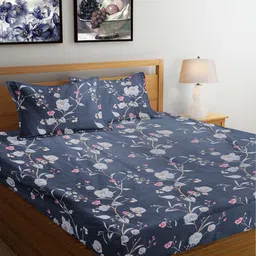 FABINALIV Navy Blue & White Floral 300 TC Fitted King Bedsheet with 2 Pillow Covers-image-24