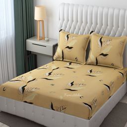 Furnistitchs Beige & Black Floral 300 TC King Fitted Bedsheet with 2 Pillow Covers-image-111