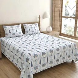 BED-SHEET.COM Blue & White Ethnic Motifs 240 TC Cotton King Bedsheet with 2 Pillow Covers-image-78