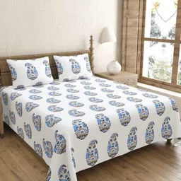 JAIPUR FABRIC Blue Ethnic Motifs Cotton 240 TC Double King Bedsheet with 2 Pillow Covers-image-61