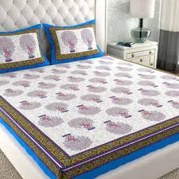 LA VERNE White & Blue Floral 140 TC Cotton King Bedsheet with 2 Pillow Covers-image-96